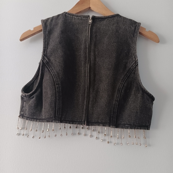GeeGee Black Washed Denim Cropped Top Rhinestone Fringe S - Picture 2 of 6